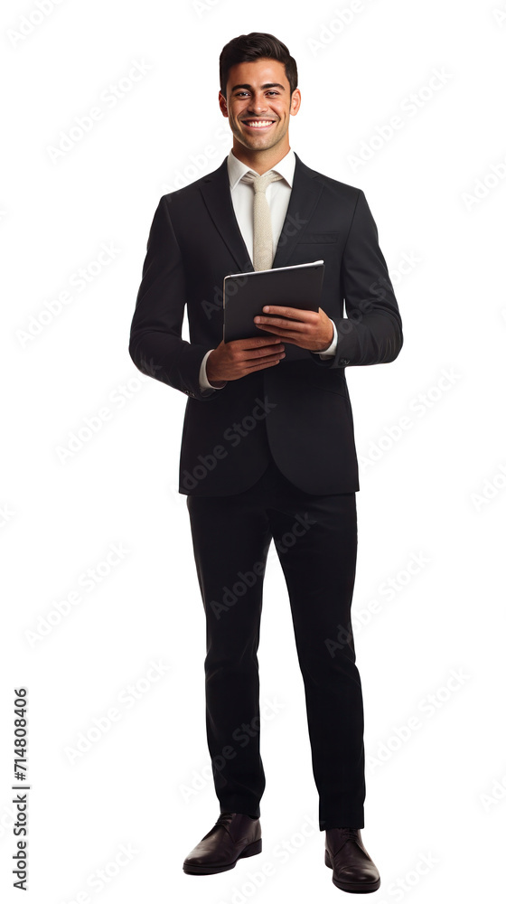 A happy salesman stand holding tablet isolated on a transparent background.