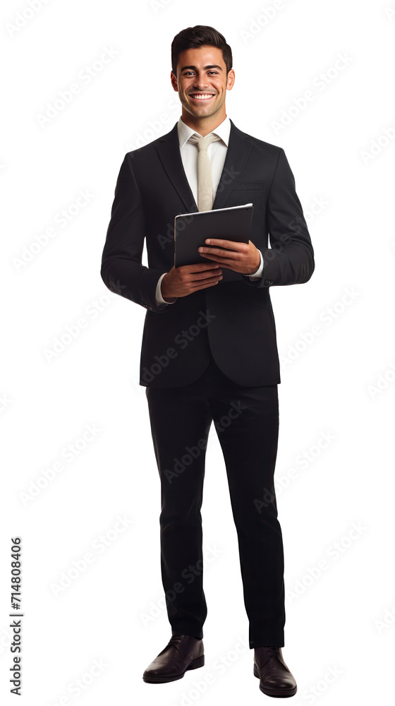 A happy salesman stand holding tablet isolated on a transparent background. A happy salesman stand holding tablet isolated on a transparent background.