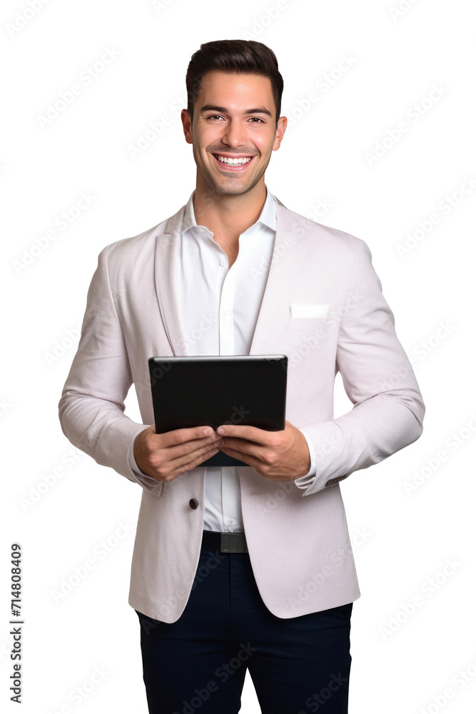 A happy salesman stand holding tablet isolated on a transparent background. A happy salesman stand holding tablet isolated on a transparent background.