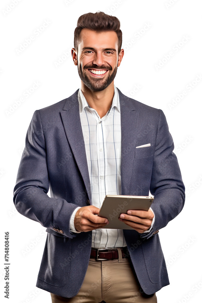 A happy salesman stand holding tablet isolated on a transparent background. A happy salesman stand holding tablet isolated on a transparent background.