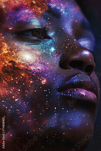 A close up of an American African woman face blended with galaxy