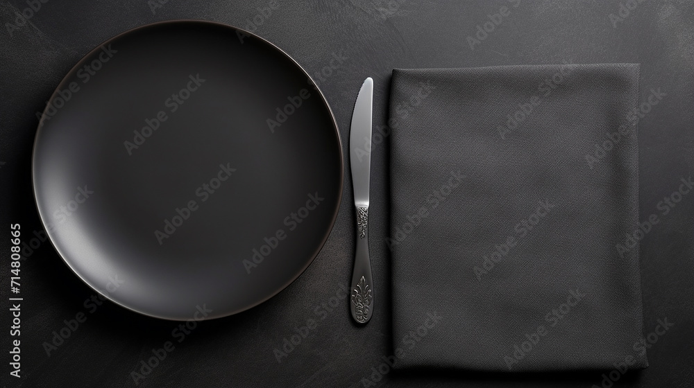 empty black plates with black cutlery and gray napkin - obrazy, fototapety, plakaty 