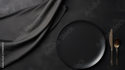 empty black plates with black cutlery and gray napkin photo