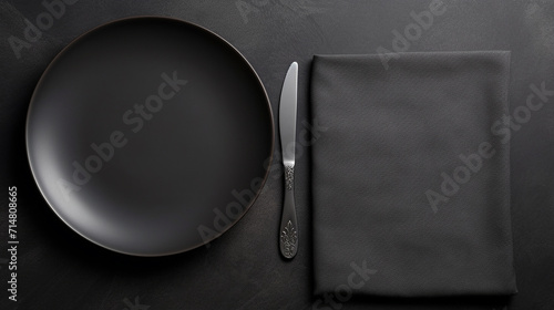empty black plates with black cutlery and gray napkin