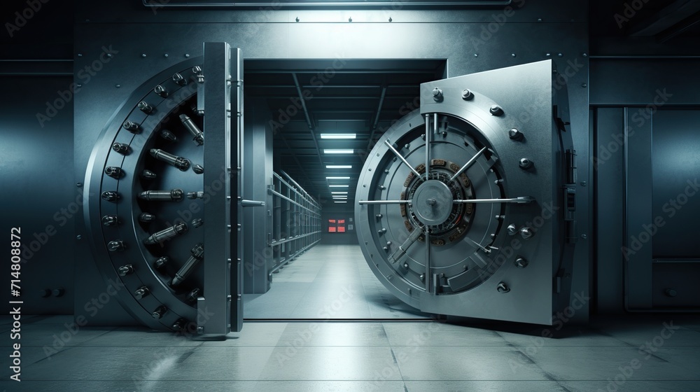 Front view of light silver bank vault door, opend. 3D illustration.
Front view of light silver bank vault door, opend. 3D illustration.
