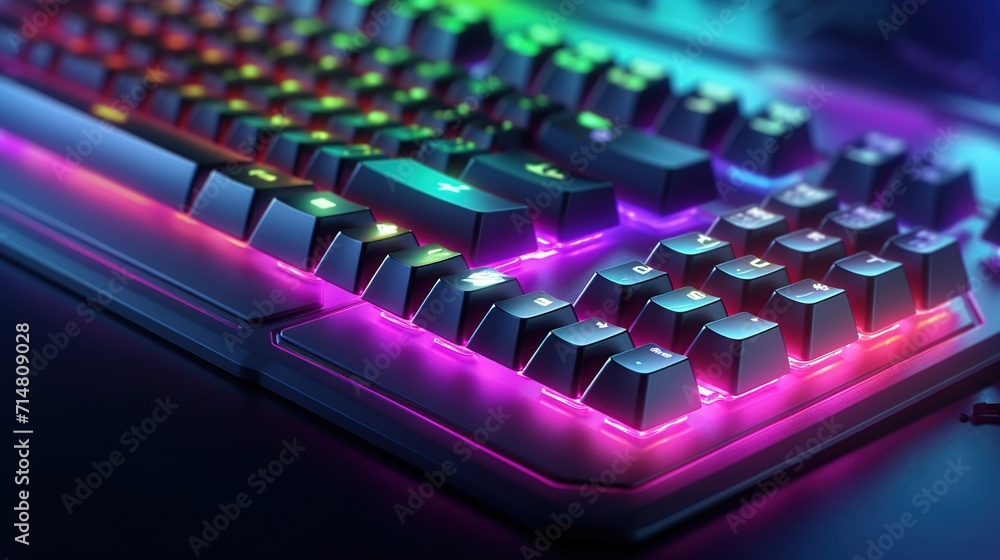 Close-up RGB gaming keyboard. Bright colorful keyboard. Soft focus and blurred background.