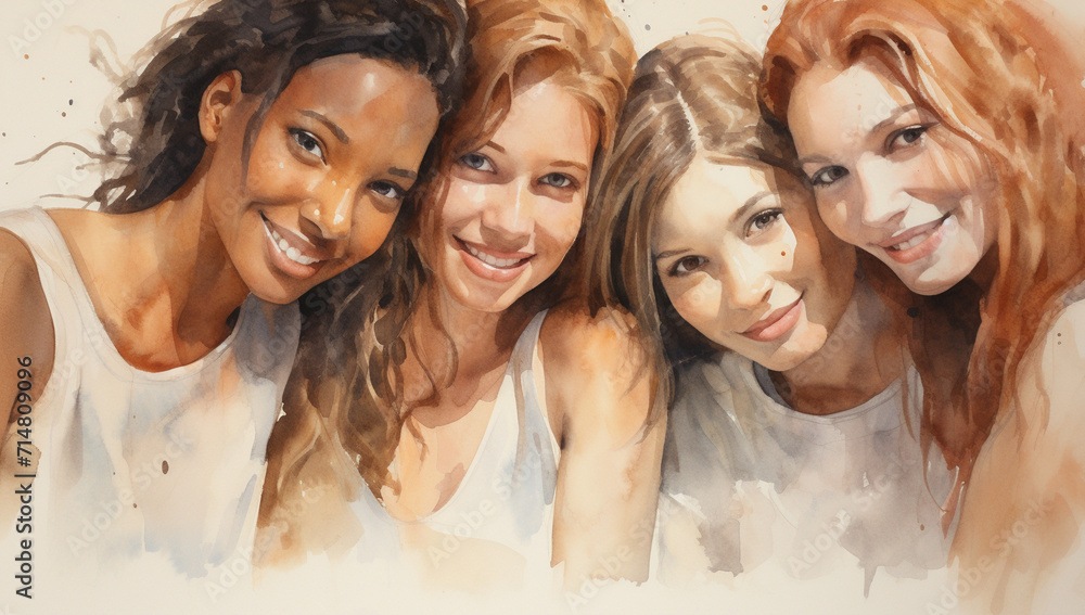Watercolor of different beautiful girls.