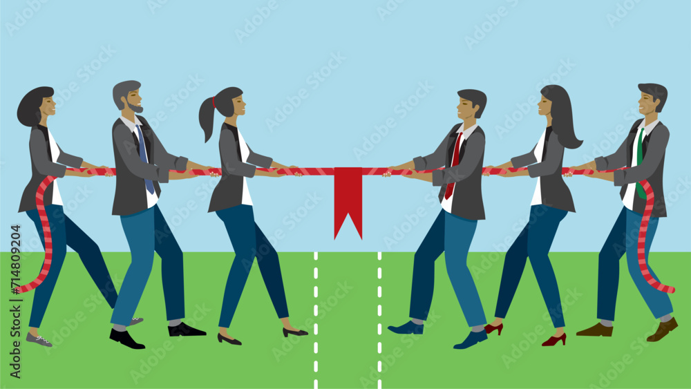 Obraz premium Group of business people in tug of war competition. Dimension 16:9. Vector illustration. 