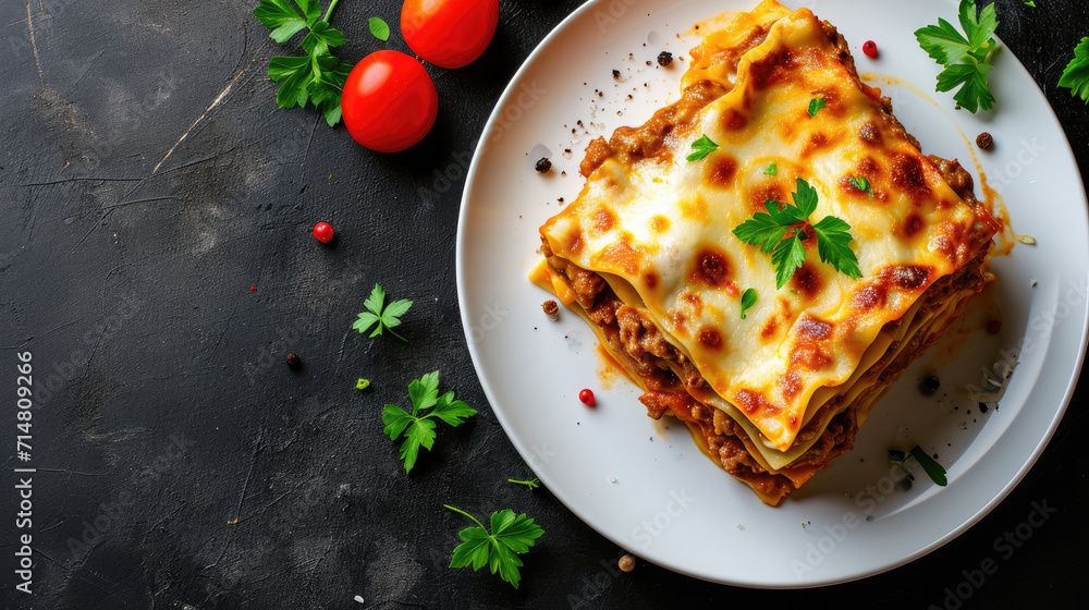 Tasty lasagne with meat, cheese on white plate, top view and copy space