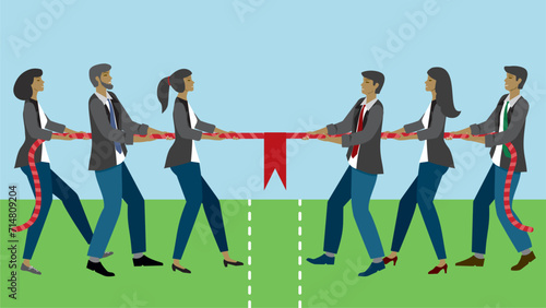Group of business people in tug of war competition. Dimension 16:9. Vector illustration.
