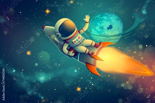 cute astronaut riding a rocket in space with waving arms