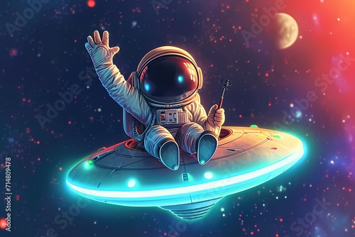 cute astronaut riding ufo with peace hand cartoon
