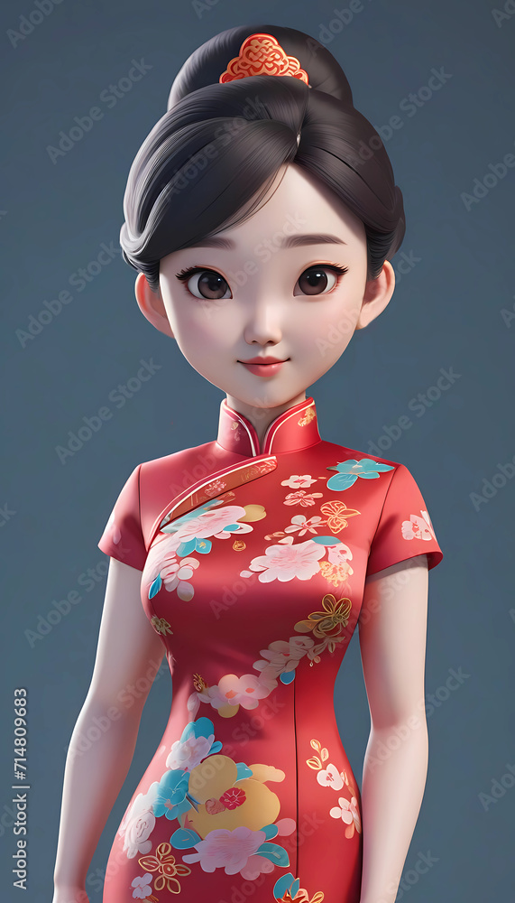 Hand drawn cartoon illustration of cute girl wearing Chinese dress
Hand drawn cartoon illustration of cute girl wearing Chinese dress