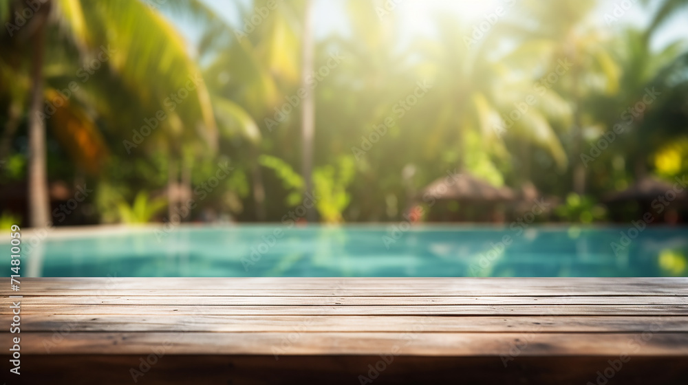 empty wooden table top and blurred swimming pool in tropical resort with blurred background