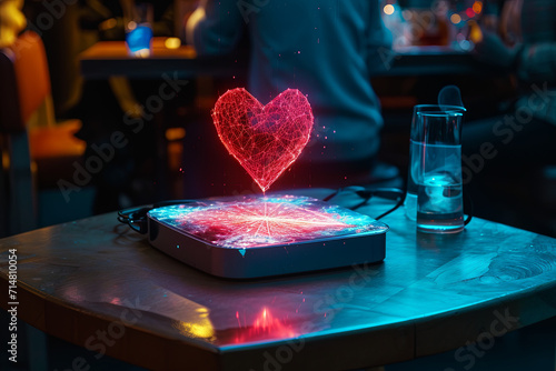 A holographic of a love projected by a mini device on a desk