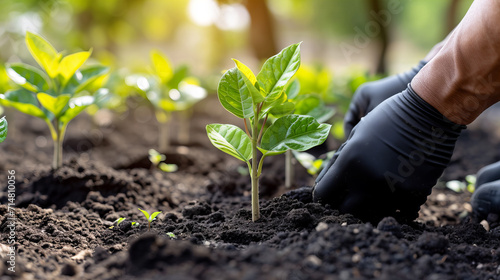 person planting a tree hands closeup, reforestation concept 