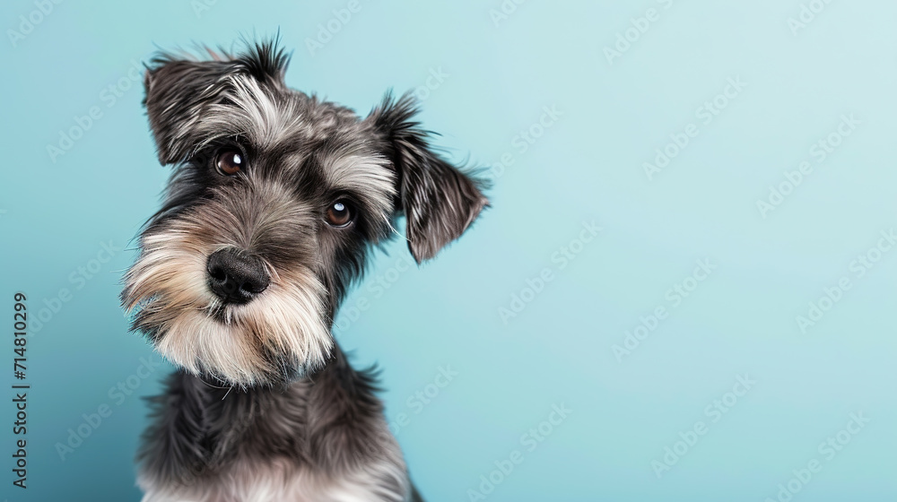 Adorable miniature schnauzer puppy with curious questioning face isolated on light blue background with copy space.