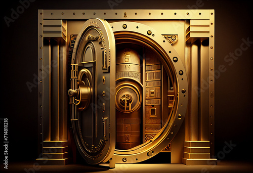 Bank vault; vault for money and gold bars. The massive door of the Federal Reserve Bank. AI generative. photo