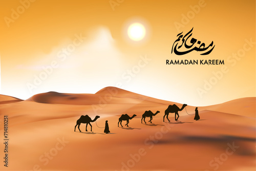 Landscape illustration of Ramadan kareem with desert beautiful bright sky on the desert with camel, dates tree and caravan. vector illustration.