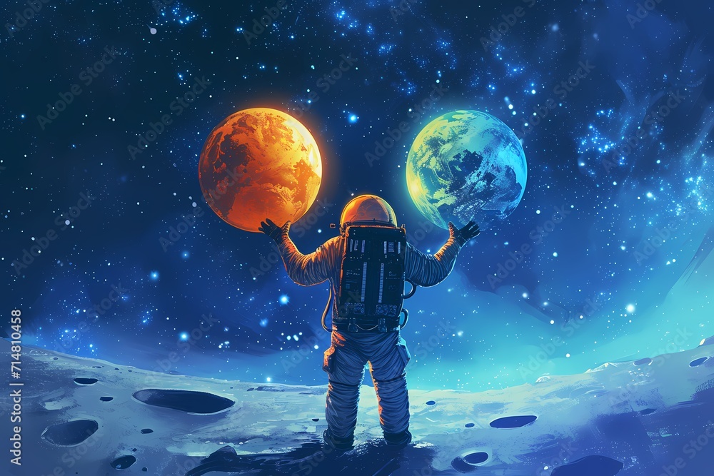 about an astronaut holding up two cartoon planets