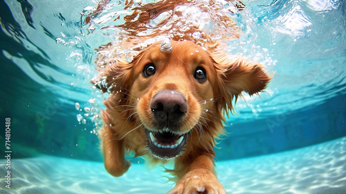 Funny underwater photo of golden retriever dog swimming.