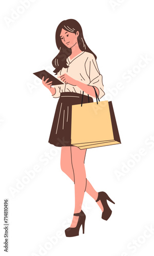 Shopping Woman Walking, Looking At Her Notes