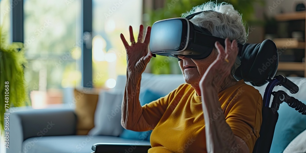 Adult woman smiling with virtual reality VR headset at home embracing technology and futuristic fun elderly enjoying entertainment indoors happy senior with modern device retired lifestyle Adult woman smiling with virtual reality VR headset at home embracing technology and futuristic fun elderly enjoying entertainment indoors happy senior with modern device retired lifestyle