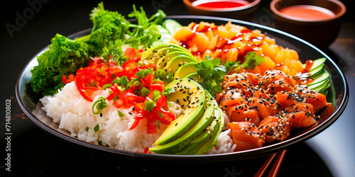 Enjoy a delicious and healthy Hawaiian poke set. Fresh tuna, salmon, shrimp combined with avocado, mango and radish. Serve with rice for a filling meal. Season with soy sauce and sesame dressing