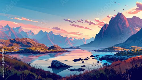Fotografering Scenic view of Lofoten Islands in Norway during sunrise in landscape comic style