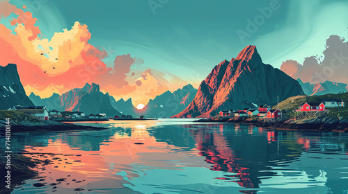 Scenic view of Lofoten Islands in Norway during sunrise in landscape comic style. © Tepsarit