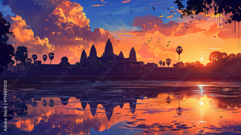 Obraz premium Beautiful scenic view of Angkor Wat in Cambodia during sunrise in landscape comic style.