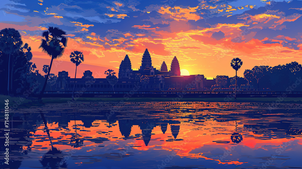 Beautiful scenic view of Angkor Wat in Cambodia during sunrise in landscape comic style. - obrazy, fototapety, plakaty 