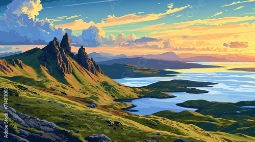 Beautiful scenic view of Isle of Skye in Scotland during sunrise in landscape comic style. photo