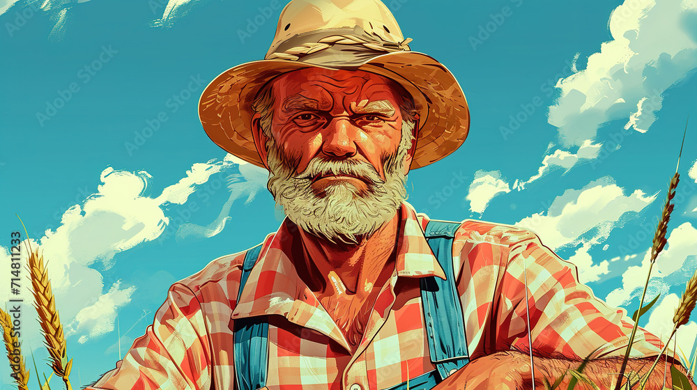cool looking farmer in colorful comic illustration style.