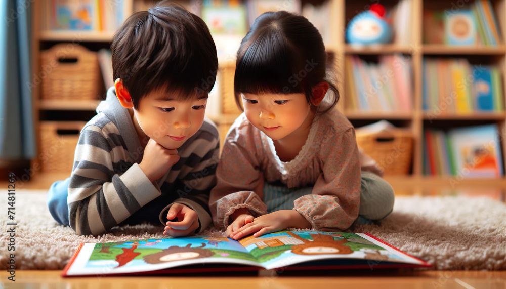 Fototapeta premium Japanese brother and sister reading picture books together. Reading together gives siblings something fun to do and it also reinforces their bonds of love.