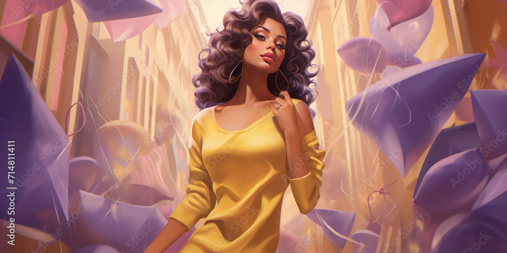 Fototapeta premium Stylish young woman in light yellow outfit with shopping bag outdoors. spring shopping concept
