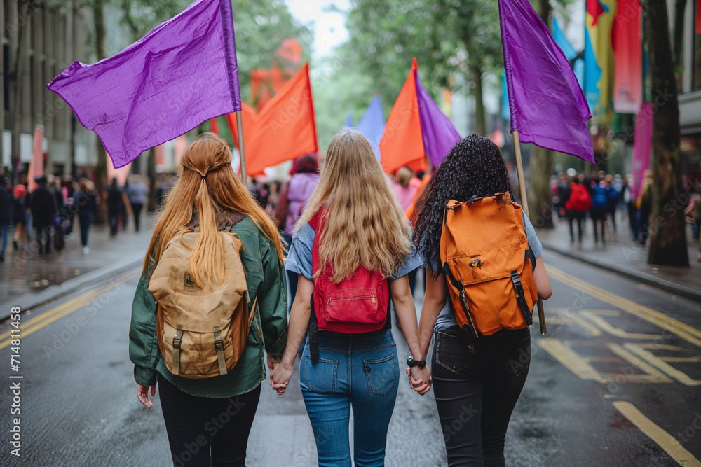 Feminist march on Women's Day, purple protest, three young people holding hands in the streets, advocating for rights and equality