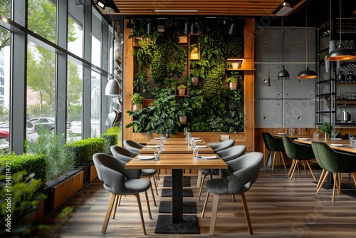 Upscale CafÃ© Interior with Nature-Inspired Design and Modern DÃ©cor