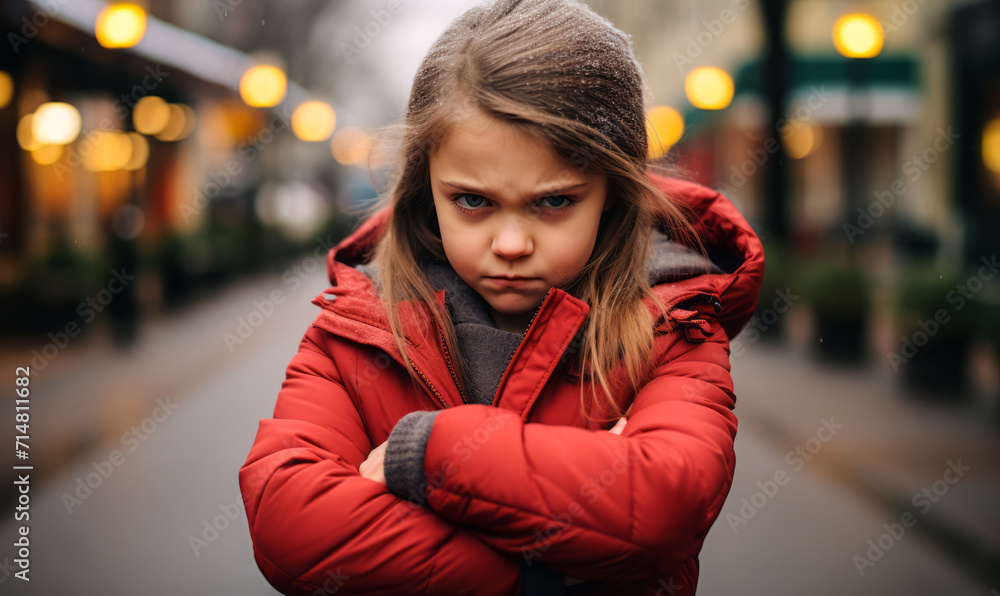 Stern-faced little girl in red winter jacket crossing arms in a defiant pose on a cold, blurred urban street background Stern-faced little girl in red winter jacket crossing arms in a defiant pose on a cold, blurred urban street background
