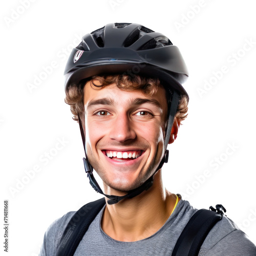 A happy young man wearing bicycle helmet isolated on a transparent background.