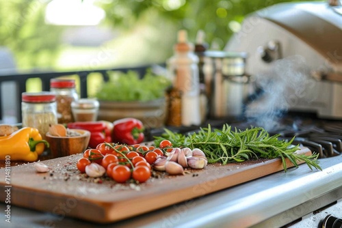 Tranquil Outdoor Cooking: Preparing a Fresh Summer Salad in a Brick Patio Kitchen