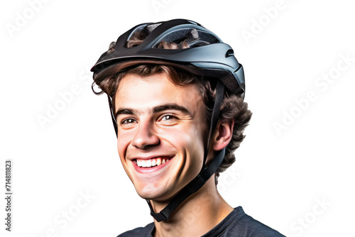 A happy young man wearing bicycle helmet isolated on a transparent background.