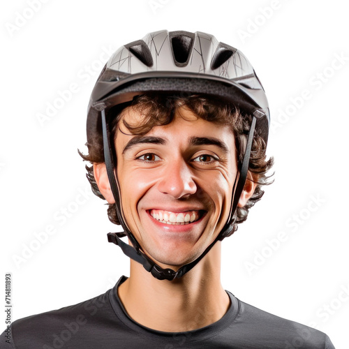 A happy young man wearing bicycle helmet isolated on a transparent background.