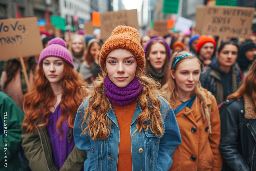 Group of women at a feminist march on Women's Day, three young women in a protest with banners for the fight for rights and equality Group of women at a feminist march on Women's Day, three young women in a protest with banners for the fight for rights and equality