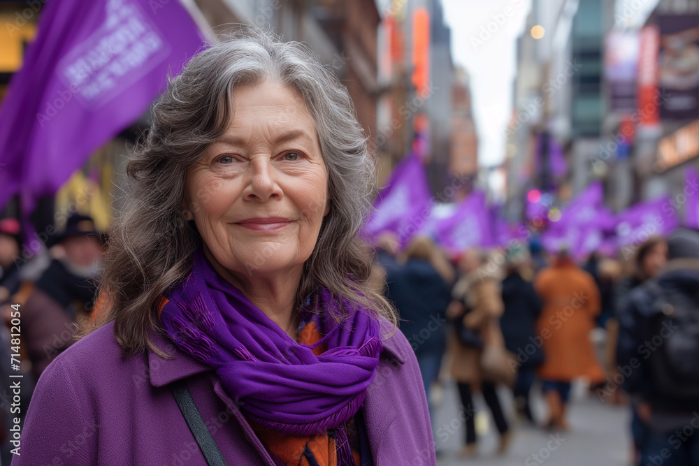 Mature adult woman at a feminist demonstration, Women's Day in purple colors, streets filled with people fighting for rights and equality