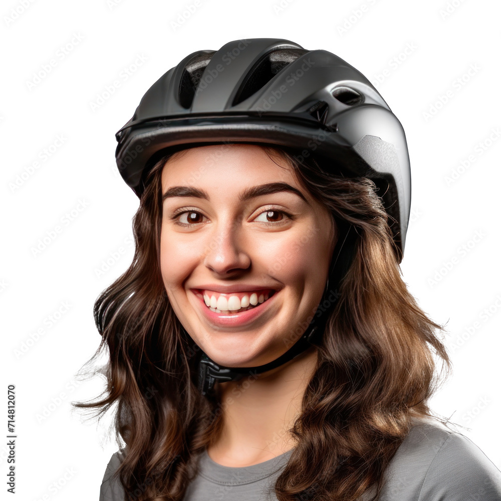 A happy young woman wearing bicycle helmet isolated on a transparent background. A happy young woman wearing bicycle helmet isolated on a transparent background.