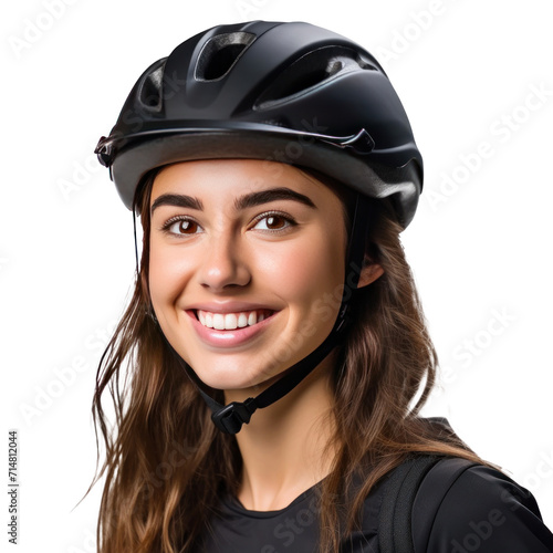 A happy young woman wearing bicycle helmet isolated on a transparent background.