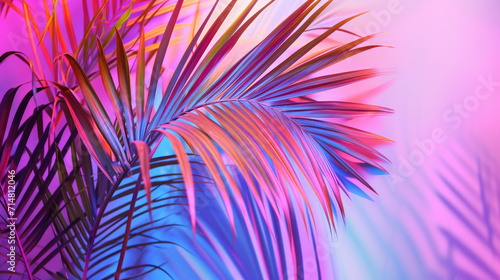Tropical palm leaves in vibrant neon gradient, holographic colors. minimal art concept 