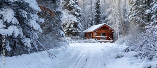 Snowy cabin house exterior with forest and pine trees and snowmobile trails in winter.