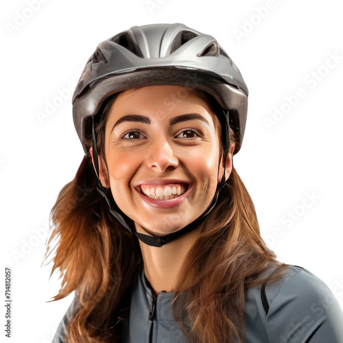 A happy young woman wearing bicycle helmet isolated on a transparent background.